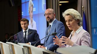 European Commission President Ursula von der Leyen, European Council President Charles Michel and French President Emmanuel Macron at an EU summit in Brussels, June 23, 2022.