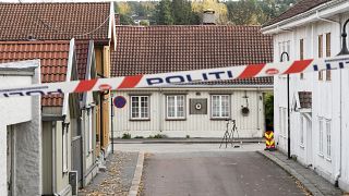 The cordoned-off area of the scene involved in the bow and arrow attack, in Kongsberg.