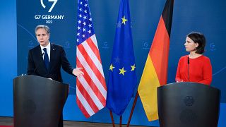 وزيرة الخارجية الألمانية أنالينا بربوك ووزير الخارجية الأمريكي أنتوني بلينكين  في وزارة الخارجية في برلين ألمانيا.