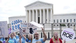 Demonstrators protest about abortion outside the Supreme Court in Washington, 24 June 2022.