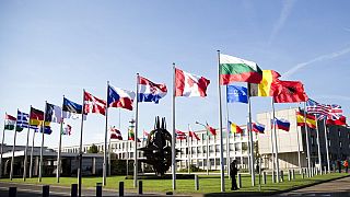 Belçika'nın başkenti Brüksel'deki NATO karargahı önündeki üye devletlerin bayrakları (arşiv)