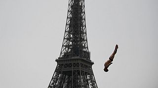 France's Gary Hunt takes a practice dive during the Red Bull Cliff Diving World Series near the Eiffel Tower in Paris, on June 18, 2022.