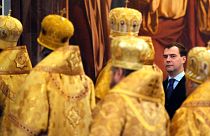 Dmitrij Medvegyev Kirill pátriárka beiktatásának első évfordulóján
