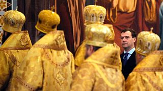 Dmitrij Medvegyev Kirill pátriárka beiktatásának első évfordulóján