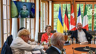 Ukraine President Volodymyr Zelenskyy addresses G7 leaders via video link during their working session at Castle Elmau in Kruen, Germany, on Monday, June 27, 2022.