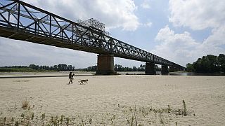 A view of the Po riverbed under Ponte della Becca (Becca bridge) shows the effects of the drought, in Linarolo, near Pavia, Italy, June 25, 2022.