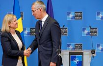 NATO Secretary General Jens Stoltenberg and Prime Minister of Sweden Magdalena Andersson give a press conference prior to a NATO summit in Brussels, Monday, June 27, 2022