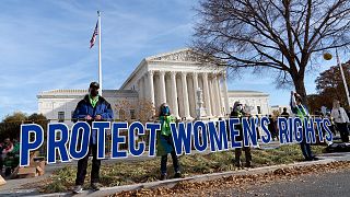 Abortion rights advocates demonstrate in front of the US Supreme Court.