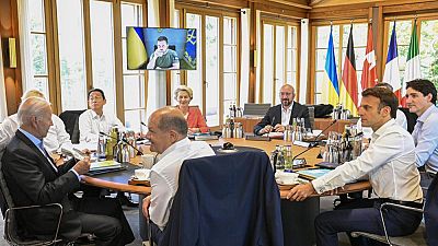 Лидеры стран G7 на саммите в Германии, президент Украины Владимир Зеленский — по видеосвязи