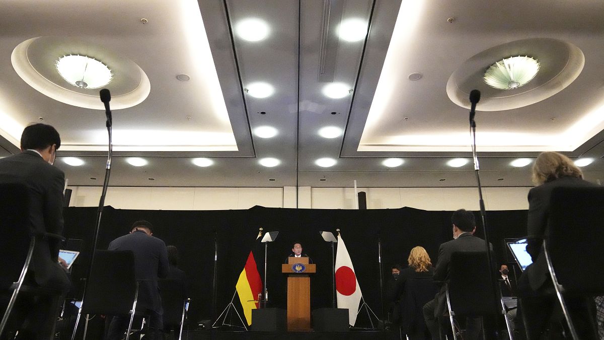 Japan's Prime Minister Fumio Kishida addresses a media conference during the G7 summit in Munich, Germany, on Tuesday, June 28, 2022