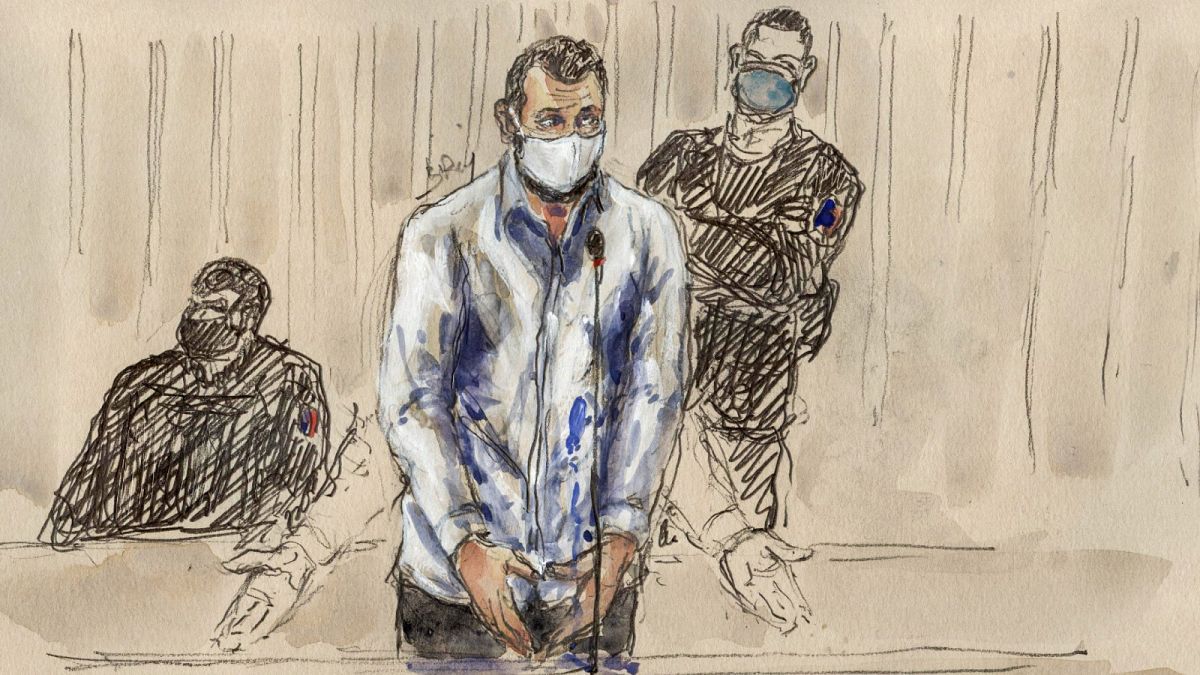 A court sketch shows defendant Salah Abdeslam at Paris' special criminal court