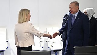 La primera ministra sueca, Magdalena Andersson y el presidente turco Reep Tayyip Erdogan, Madrid, España 28/6/2022
