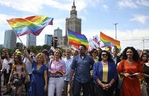 Warsaw mayor Rafal Trzaskowski and European Commissioner for Equality Hanna Dalli take part in the 'Warsaw and Kyiv Pride' marching for freedom in Warsaw, Poland, 25 June 2022