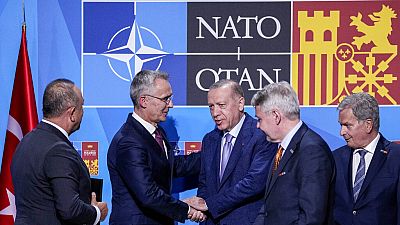 Генеральный секретарь НАТО Йенс Столтенберг пожимает руку президенту Турции Реджепу Тайипу Эрдогану на саммите НАТО в Мадриде. 28 июня 2022