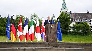 Olaf Scholz bei der G7-Pressekonferenz bei Schloss Elmau in Bayern