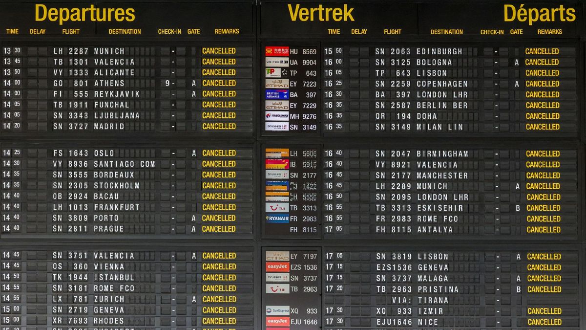  departures board with cancelled flights in the departures hall at Brussels international airport during a general strike in Brussels, Monday, June 20, 2022. 
