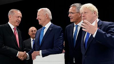 From left, Turkish President Recep Tayyip Erdogan, U.S. President Joe Biden, NATO Secretary General Jens Stoltenberg and British Prime Minister Boris Johnson