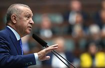 Turkish President Recep Tayyip Erdogan addresses his ruling party legislators, in Ankara, Turkey, Wednesday, May 18, 2022
