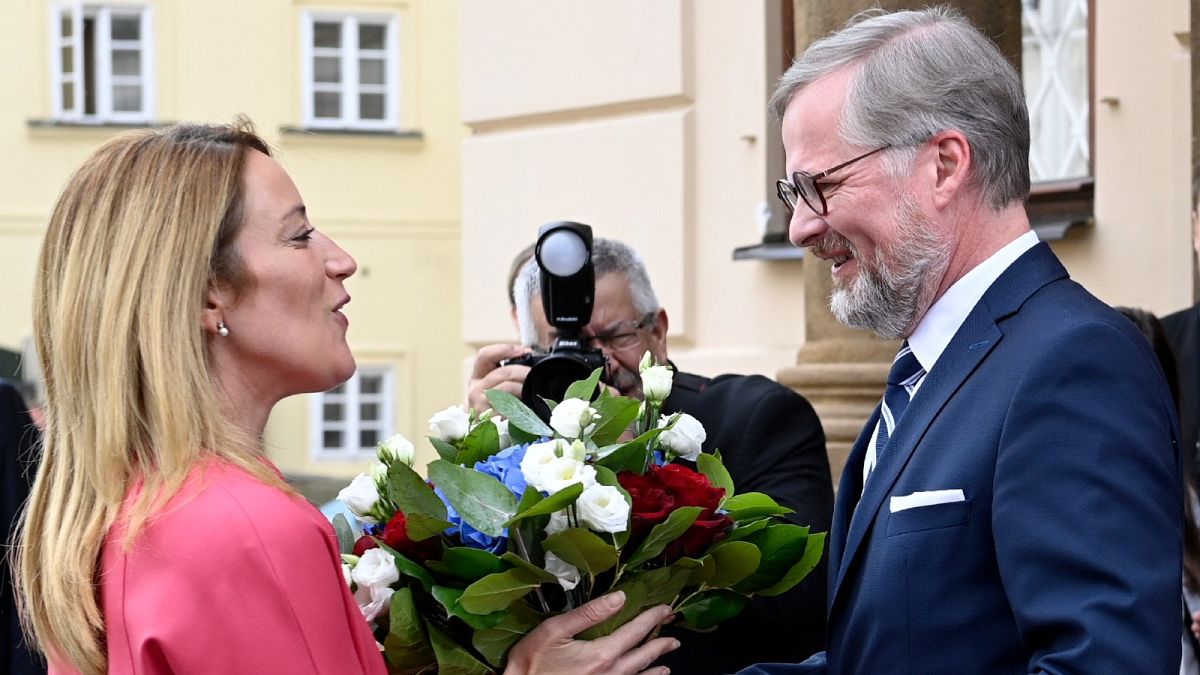 Czech Prime Minister Petr Fiala, right, welcomes European Parliament President Roberta Metsola, in Prague, Thursday, June 16, 2022
