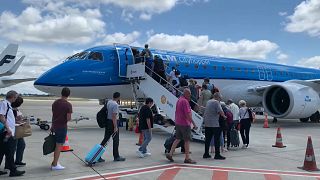 People boarding KLM plane, Lyon, France