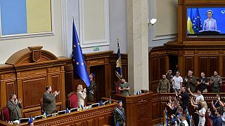 The EU flag was brought in the parliament at the end of Ursula von der Leyen's intervention.