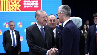 الرئيس التركي رجب طيب إردوغان مصافحاً الأمين العام لحلف شمال الأطلسي ينس ستولتنبرغ
