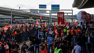 Striking workers at CDG Airport in Paris, Friday 1 July 2022