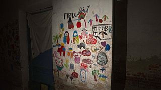 Drawings of children in Yahidne village, in the basement of the school which was used as a bomb shelter