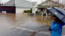 Un homme regarde une zone résidentielle inondée en raison de pluies torrentielles dans la banlieue de Camden à Sydney, le 3 juillet 2022.