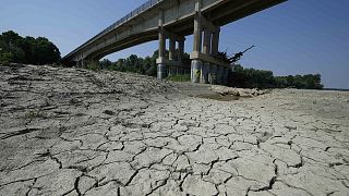 Dry cracked land is visible under a bridge in Boretto on the bed of the Po river, 15 June 2022