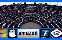 Archives : parlement européen à Strasbourg, le 08/06/2022 - Logos de plusieurs des géants du numérique