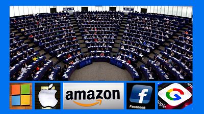 Archives : parlement européen à Strasbourg, le 08/06/2022 - Logos de plusieurs des géants du numérique