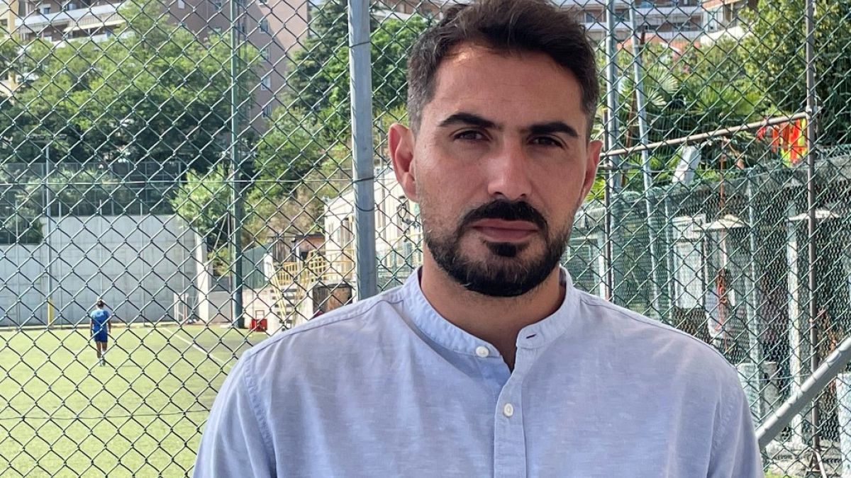 Davide Capello, 37, former professional footballer and survived at the Morandi motorway bridge tragedy, poses at the Ruffinengo stadium in Savona, on July 1, 2022. 