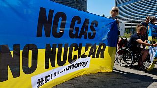 Climate activists demonstrate outside the European Parliament, July 5, 2022 in Strasbourg, eastern France.