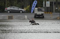 In Windsor, einem Vorort von Sydney, bewegt sich ein Mann auf einer überschwemmten Straße in einem Boot fort