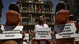 احتجاجات منددة بمهرجان سان فيرمين لسبلق الثيران في إسبانيا.