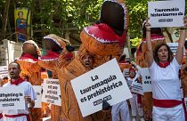 People dressing as dinosaurs protest against animal cruelty before the start of the San Fermin festival 