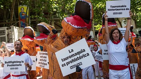 People dressing as dinosaurs protest against animal cruelty before the start of the San Fermin festival