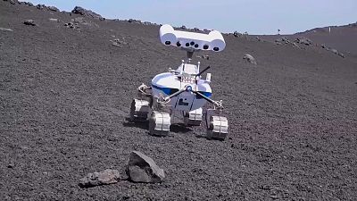 Image shows a lunar rover that experts from the European Space Agency are trialling on the slopes of Mount Etna.