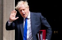 British Prime Minister Boris Johnson speaks to media next to 10 Downing Street in London, Thursday, July 7, 2022.
