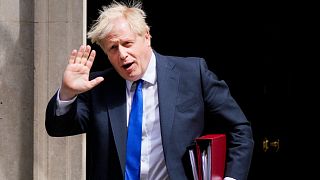 British Prime Minister Boris Johnson speaks to media next to 10 Downing Street in London, Thursday, July 7, 2022.