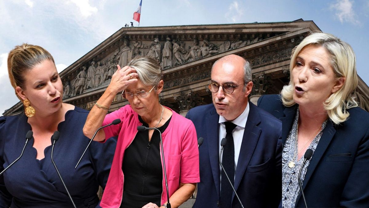 De g. à dr. : Mathilde Panot, Elisabeth Borne, Olivier Marleix, Marine Le Pen - Paris, le 06/07/2022