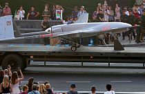 A Bayraktar TB2 drone is displayed during a rehearsal of a military parade dedicated to Independence Day in Kyiv on 20 August 2021