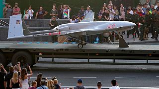 A Bayraktar TB2 drone is displayed during a rehearsal of a military parade dedicated to Independence Day in Kyiv on 20 August 2021