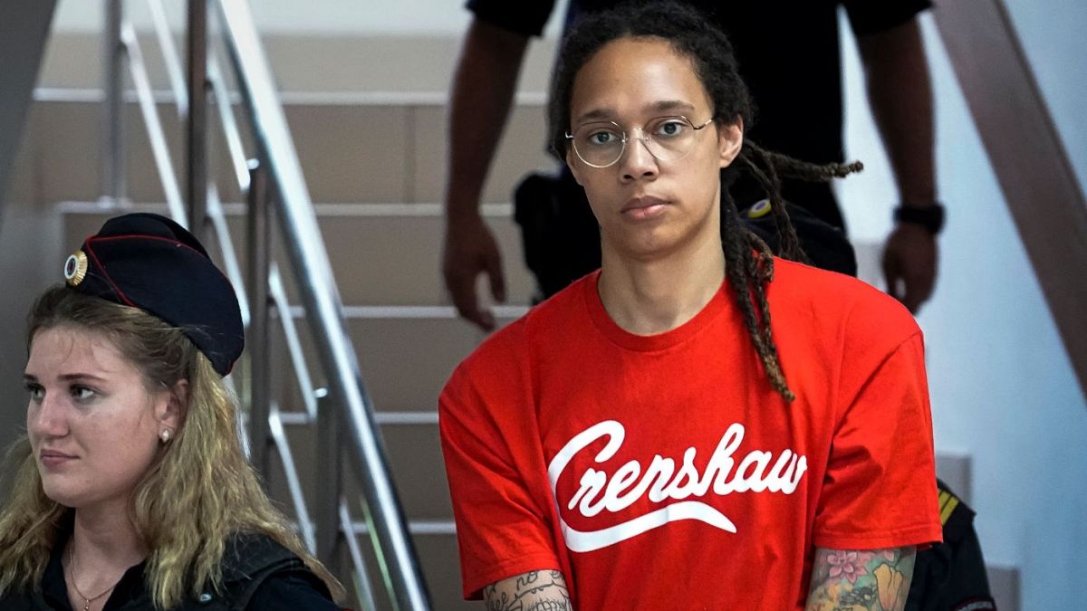 Brittney Griner was escorted to a courtroom for a hearing in Khimki, just outside Moscow.