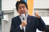 In this image from a video, Japan’s former Prime Minister Shinzo Abe makes a campaign speech in Nara, western Japan shortly before he was shot Friday, July 8, 2022.