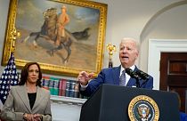 President Joe Biden speaks about abortion access with US Vice-President Kamala Harris in the Roosevelt Room of the White House, Friday, July 8, 2022, in Washington.