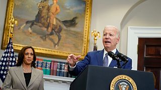 President Joe Biden speaks about abortion access with US Vice-President Kamala Harris in the Roosevelt Room of the White House, Friday, July 8, 2022, in Washington. 