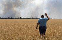 Ein Landwirt betrachtet sein brennendes Feld wegen der Kämpfe an der Front in der Region Dnipropetrowsk