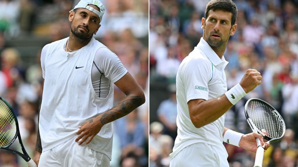 This combination of pictures created on July 9, 2022 shows Australia's Nick Kyrgios (L) and Serbia's Novak Djokovic (R). They meet in Sunday's Wimbledon men's singles final.a